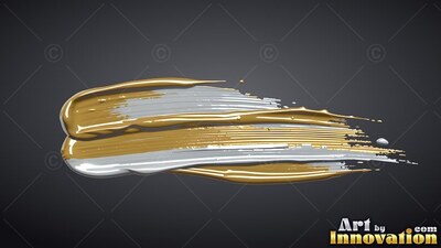 Against a dark gray background, a thick smear of gold and silver paint sweeps sideways
