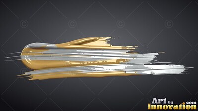 Streaking across dark gray, a thick stroke of glossy gold and silver paint bristles out