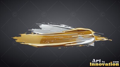 Ridged brush strokes of wet gold and silver paint sweep across dark gray space