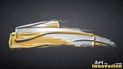 A thick paint stroke sweeps horizontally in glossy bands of yellow gold and shiny silver