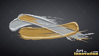Crossed horizontally against a gray backdrop, broad gold and silver paint strokes overlap