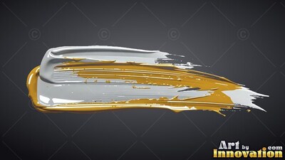 A thick brushstroke of glossy white and gold paint on a dark gray backdrop