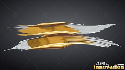 On a charcoal background, two thick paint strokes sweep in gold and white
