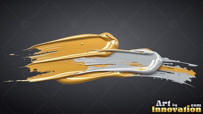 Sweeping sideways, thick yellow and gray paint smears across dark gray space