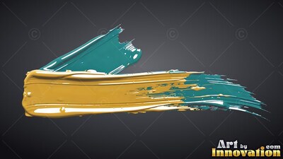 Thick yellow paint smears into teal bristles over a plain dark gray background