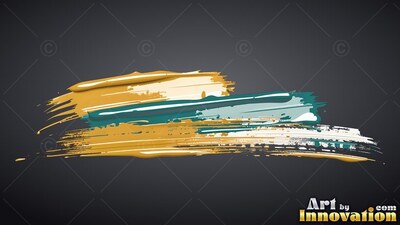 Dense gold and teal colored paint smears across the dark gray background with glossy white highlights