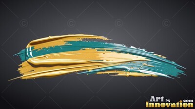 Swept horizontally across dark gray, thick teal paint mixed with metallic gold paint streaks