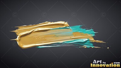 On a dark gray background, a thick stroke of gold and turquoise paint sweeps across