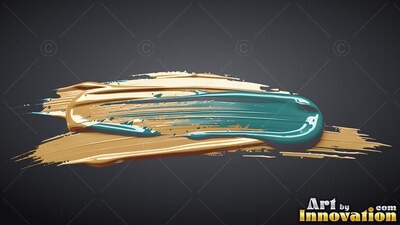 Layered in glossy teal and gold, a thick paint stroke sits on a dark gray surface