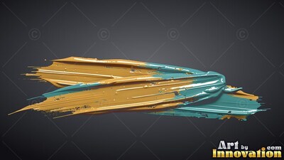 Thick yellow and teal paint stroke on a plain dark gray background