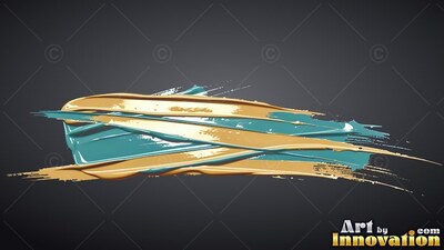 Glossy teal and glossy gold brushstrokes sweep horizontally over a dark gray backdrop