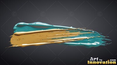 Thick teal paint mixed with wet gold paint sweeps over a dark gray surface, catching bright highlights