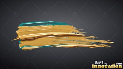 Streaking horizontally across a deep gray backdrop, thick wet gold paint edged in teal