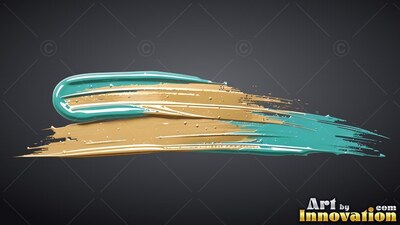 On a dark gray backdrop, a thick brushstroke of gold and turquoise paint smears across