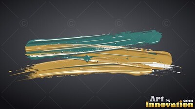 Brushing across dark gray, layered teal and gold sweeps of paint overlap with wet streaks