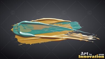 Glossy teal fluid layered across thick wet gold paint strokes over a plain deep gray background
