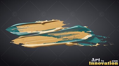 Thick paint strokes streak sideways, mixing shiny gold with deep teal gloss