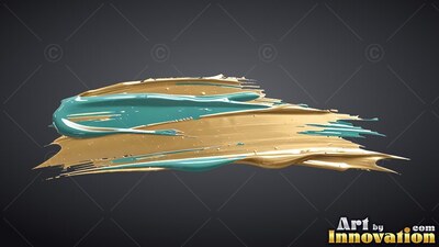 Spread horizontally across dark gray, a thick stroke of gold and teal colored paint