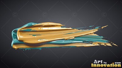 Against a dark gray backdrop, a thick smear of gold and teal paint