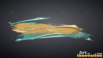 Sweeping sideways, thick teal and metallic gold paint marks overlap on a dark gray surface