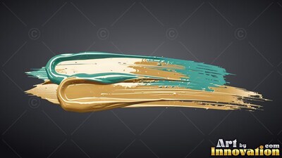 Thick teal and tan paint marks sweep across a smooth dark gray background