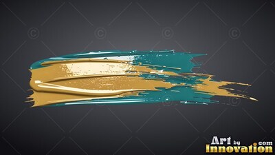 Streaking horizontally across dark gray, a thick smear of teal and yellow-gold paint