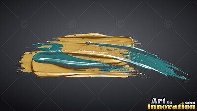 Thick streaks of glossy gold and teal colored paint smeared across a dark backdrop
