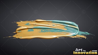On a dark gray backdrop, a thick stroke of yellow and teal paint smears sideways