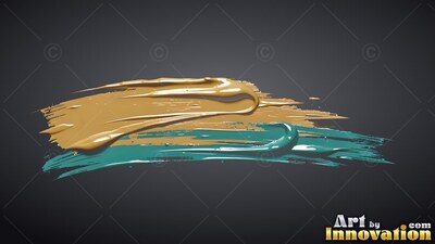 Thick swirls of glossy gold and teal colored paint sweep across a dark gray backdrop