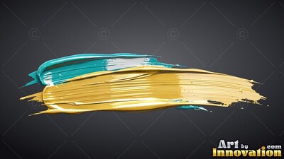 A dense gold brushstroke sweeps across dark gray, layered with teal paint and white highlights