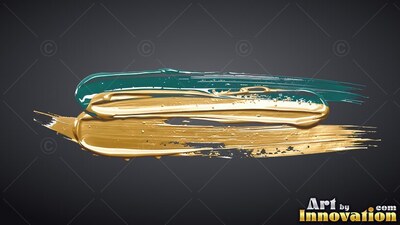 Thick strokes of glossy gold and dark teal paint layered over a deep gray background