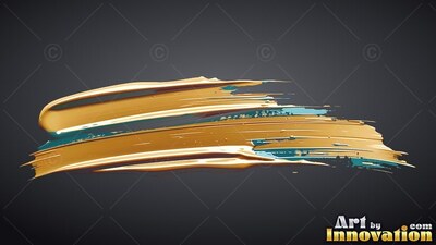 On a shadowed background, a thick sweep of metallic wet gold paint reveals blue layers beneath