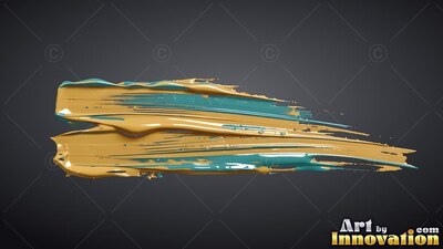 Sweeping across gray, thick teal and gold paint streaks trail to the right