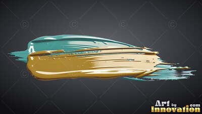Thick metallic gold paint spread across teal paint on dark gray