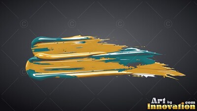 Thick, shiny ridges of yellow and teal paint sweep across a plain dark gray surface