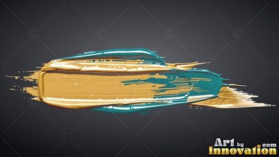Thick wet gold paint smears horizontally over teal streaks with shiny highlights across the wet surface