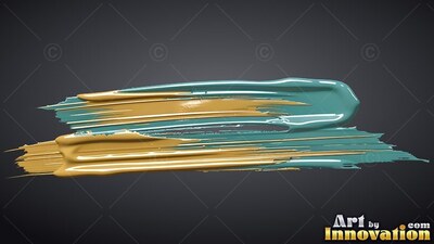 Lying horizontal on a dark gray backdrop, thick teal paint mixed with glossy gold paint strokes