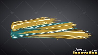 Thick sweeps of gold and teal colored paint spread across a dark gray backdrop
