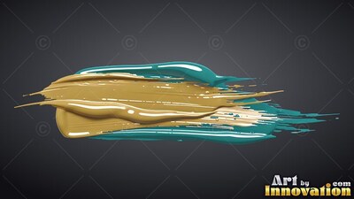 On a dark gray background, a thick smear of teal and wet gold paint streaks sideways