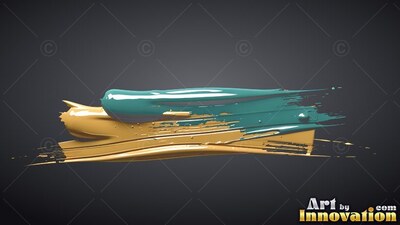 Sweeping across a deep gray backdrop, dense gold and teal paint streaks merge