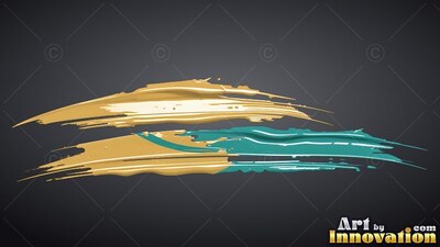 Streaks of glossy gold and teal paint sweep sideways over a dark gray backdrop