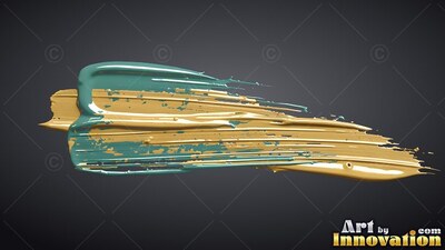 Thick teal and metallic gold paint sweeps sideways, showing glossy highlights over gray