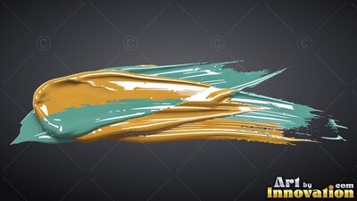 Stretching horizontally across a dark background, thick metallic gold paint and teal paint