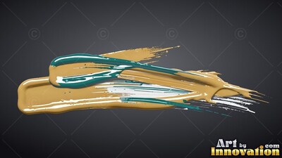 Thick teal and tan paint smeared together horizontally on a black background
