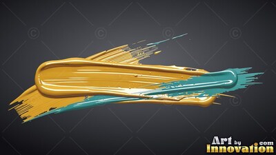 On dark gray, thick yellow and teal paint strokes sweep across the center