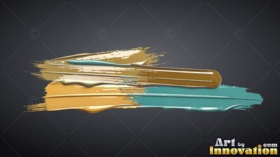 Streaking across a dark backdrop, deep gold and teal paint sweeps together horizontally