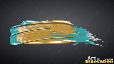 Thick ridges of teal and gold paint sweep horizontally over dark gray backdrop