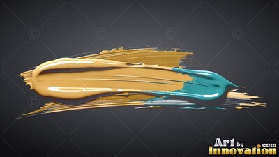 Lying horizontal against a dark gray backdrop, thick glossy gold paint tapers to teal