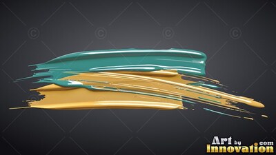 On a dark gray background, teal and metallic gold paint streaks swipe across horizontally
