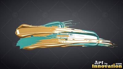 Sweeping across a black background, a thick stroke of gold and teal paint